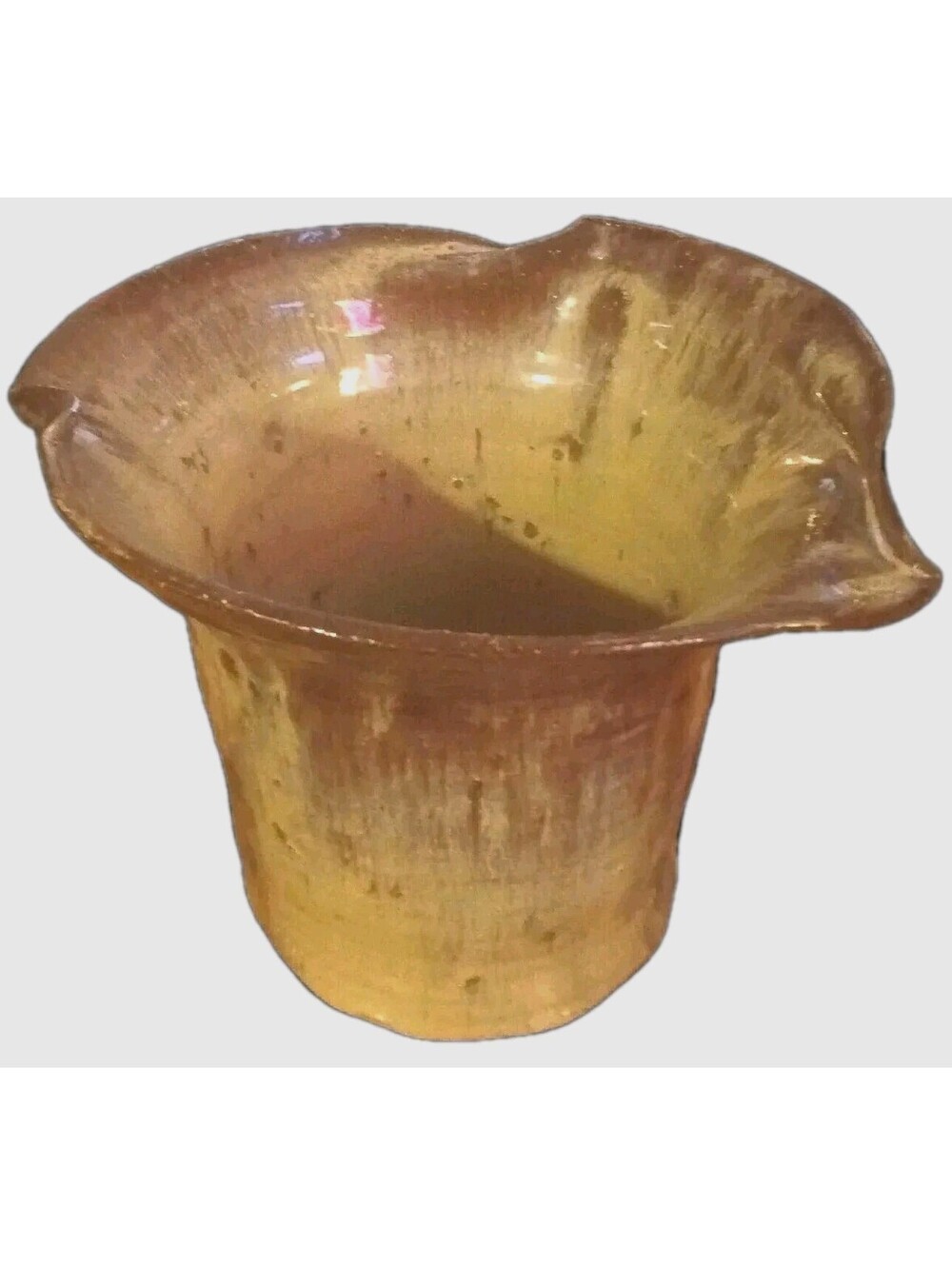 Brown Drip Glaze 6” Tall Pottery Vase~Irregular Shape Unmarked 7.5" Diameter